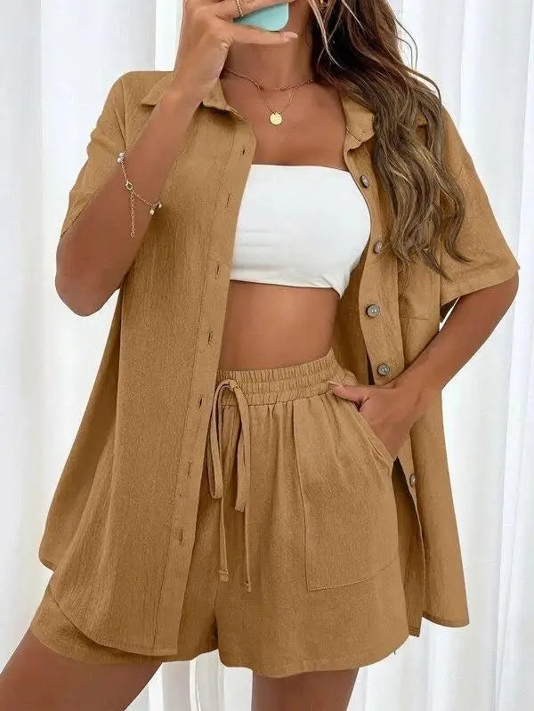 Women’s Casual Two-Piece Suit – Short Sleeve Single-Breasted Top & Skirt, Solid Color
