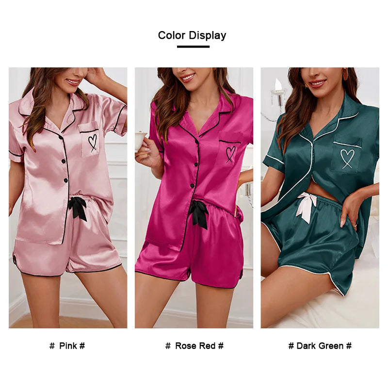 Heart Embroidered Women's Pajama Set – Button Down Top & Shorts Lounge Sleepwear