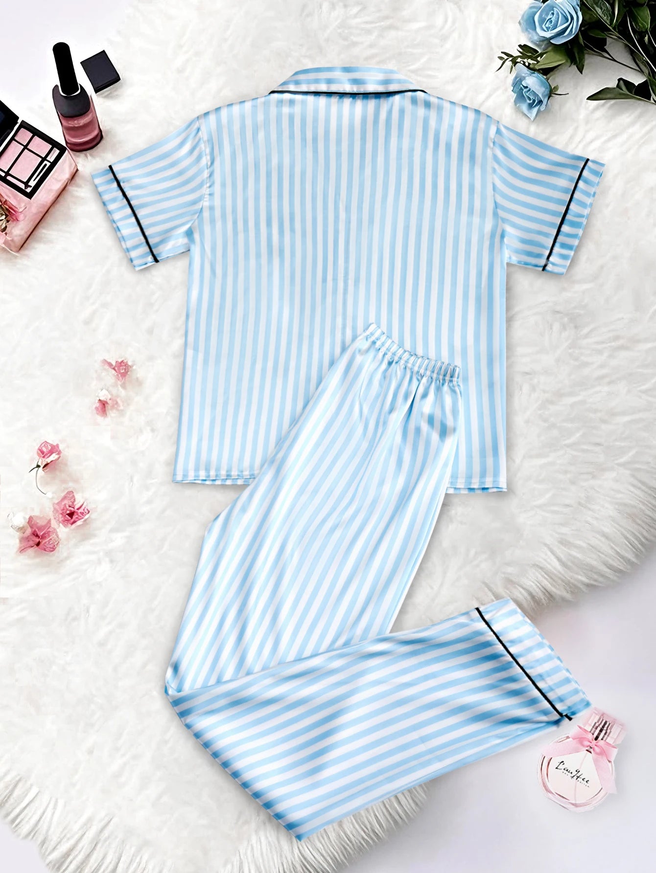Women's Satin Pajama Set – Classic Striped Print, Short Sleeve Top & Long Pants with Lapel Collar, Pocket Letter & Button Detail