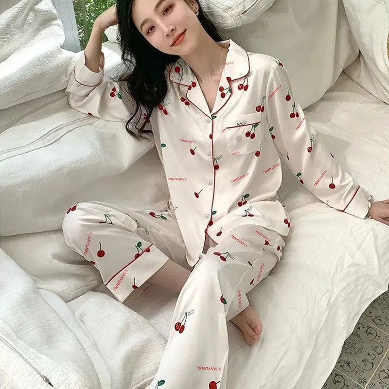 Women’s Ice Silk Pajama Set – Long Sleeve Lace Top & Pants, Green Sweet Homewear
