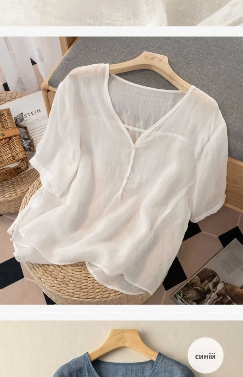 Slimming Color V-Neck Cotton-Linen Blend Top – Casual, Loose Fit, Thin T-Shirt for Women
