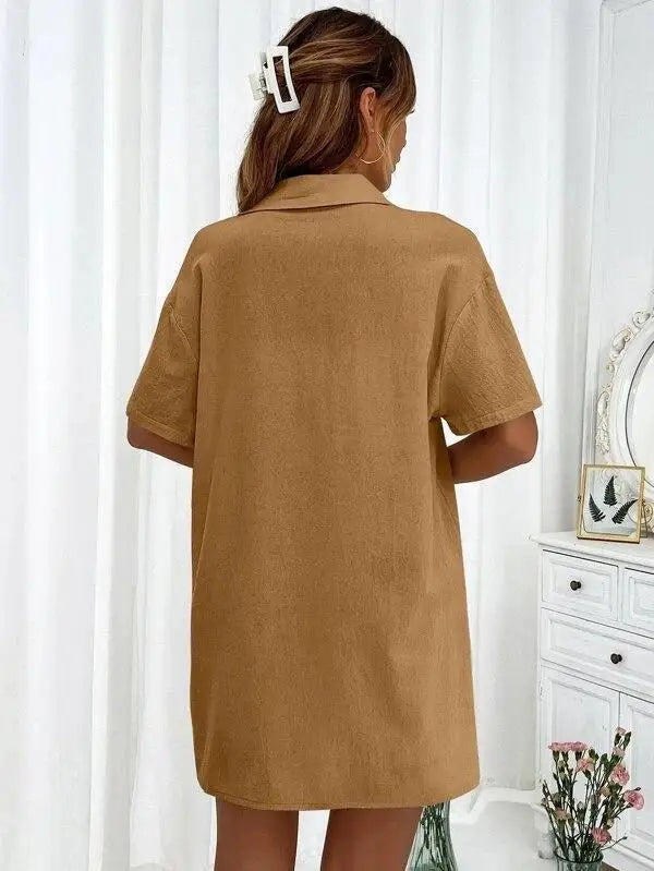 Women’s Casual Two-Piece Suit – Short Sleeve Single-Breasted Top & Skirt, Solid Color