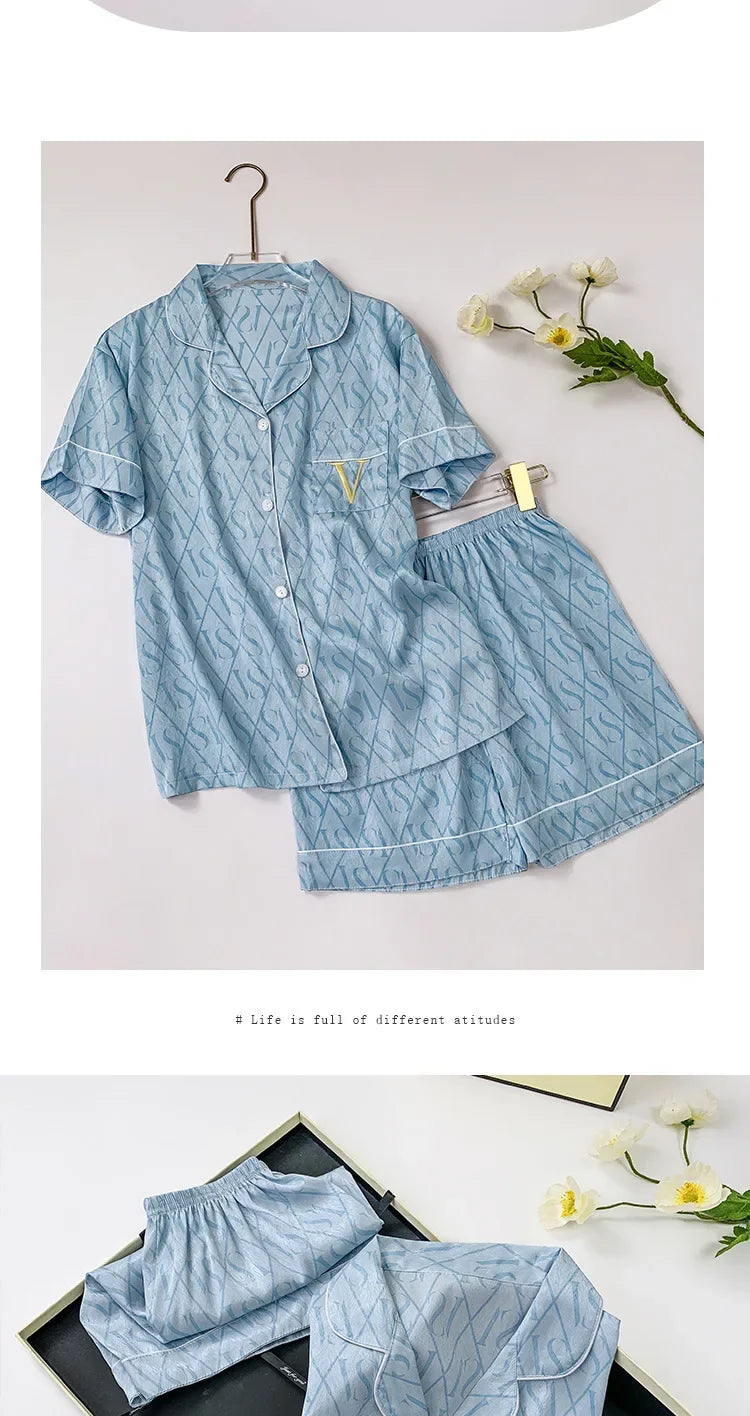 Summer Women’s Ice Silk Pajama Set – Short Sleeve Cardigan Loungewear