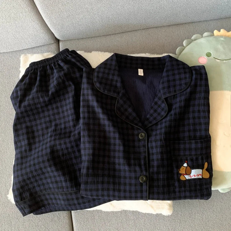Cute Embroidered Dog Pajama Set – Plaid Short Sleeve Top & Shorts with Lapel Neck & Elastic Waist