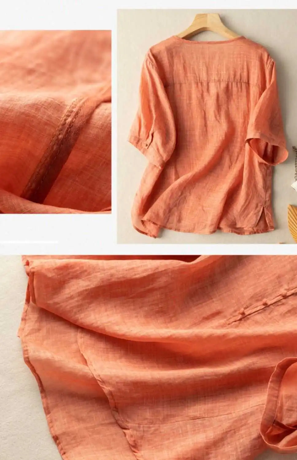 Slimming Color V-Neck Cotton-Linen Blend Top – Casual, Loose Fit, Thin T-Shirt for Women