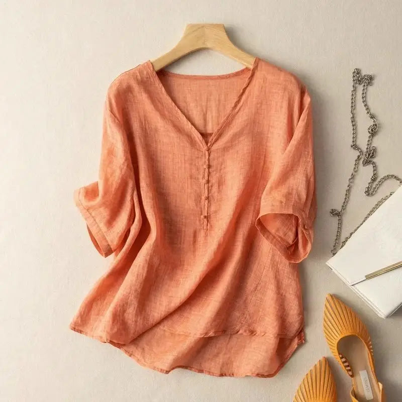 Slimming Color V-Neck Cotton-Linen Blend Top – Casual, Loose Fit, Thin T-Shirt for Women