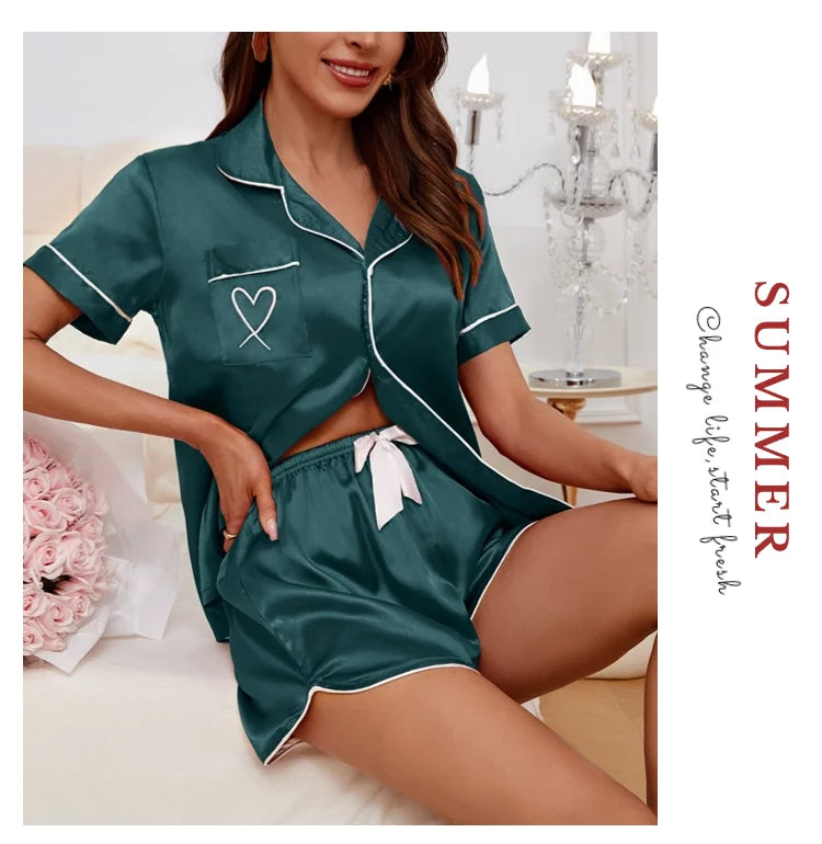Heart Embroidered Women's Pajama Set – Button Down Top & Shorts Lounge Sleepwear