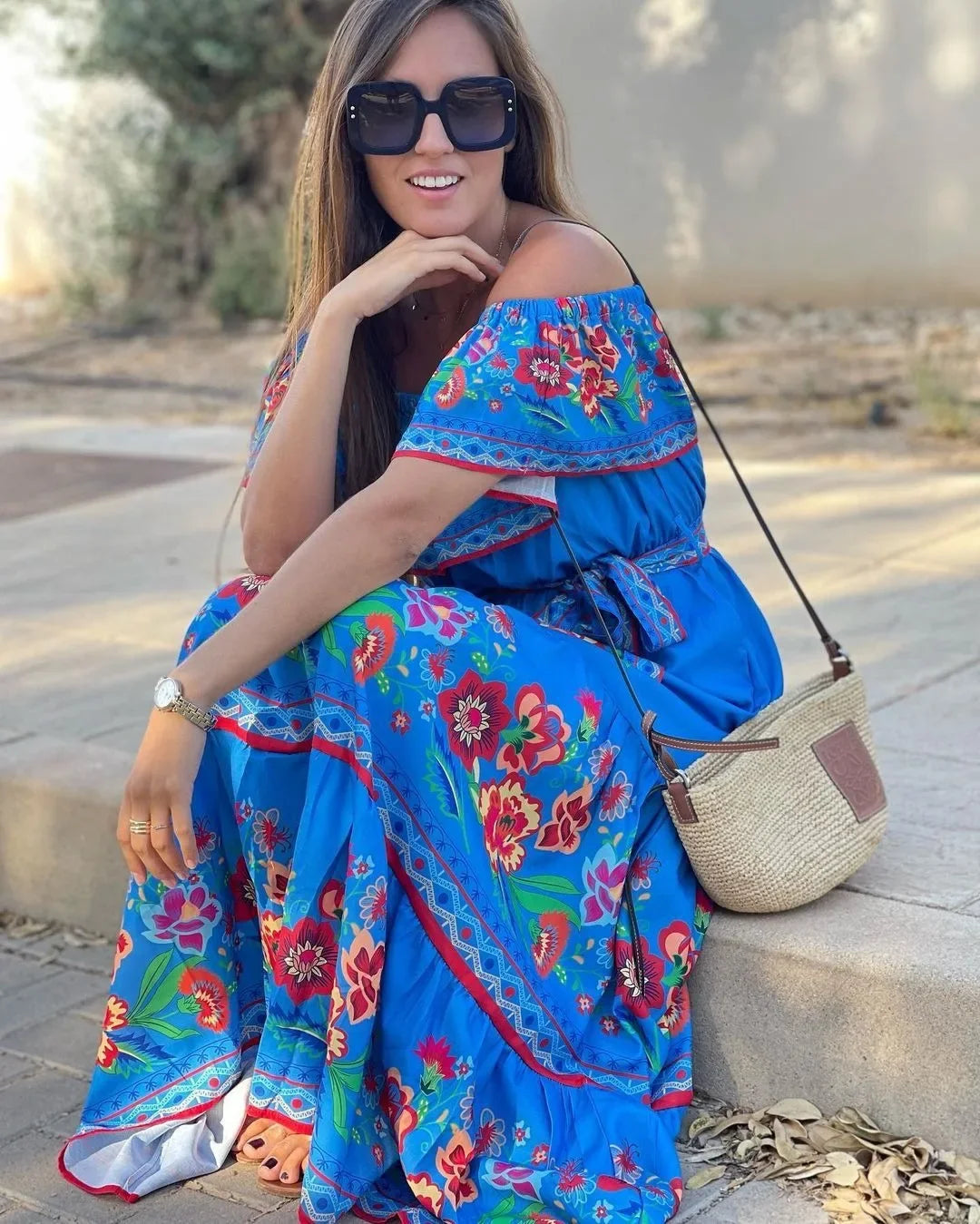 Spring/Summer One-Shoulder Maxi Dress – Red Flower Print, Sleeveless, Knee-Length, Regular Waist