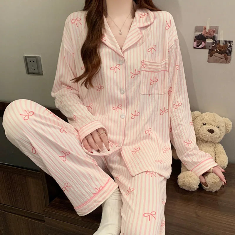 Spring & Autumn Women’s Pajama Set – Long Sleeve Crinkled Loungewear with Love Cardigan