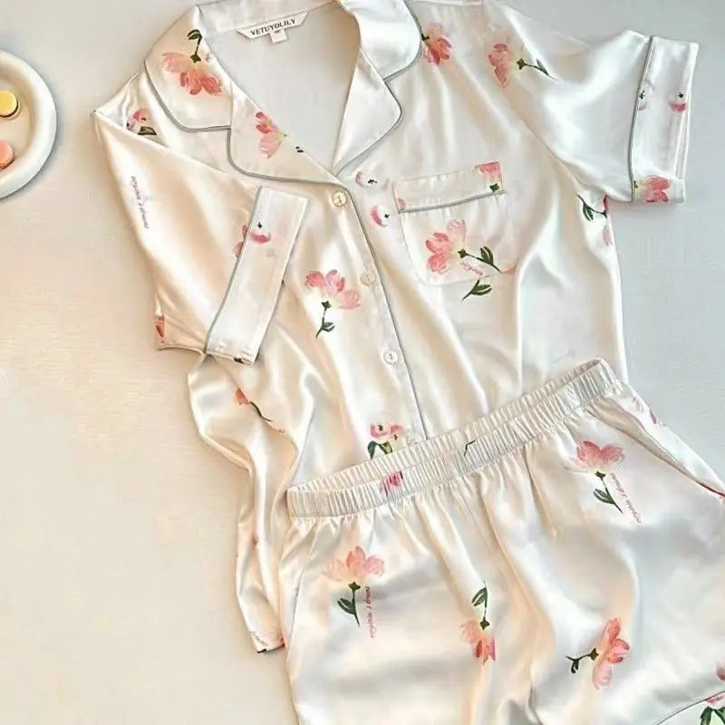 Women Sleepwear Ice Silk Girl Home Wear Cardigan Floral Sweet 2PCS Set Ladies Short Sleeve Shorts Student Pajamas M L Nightwear