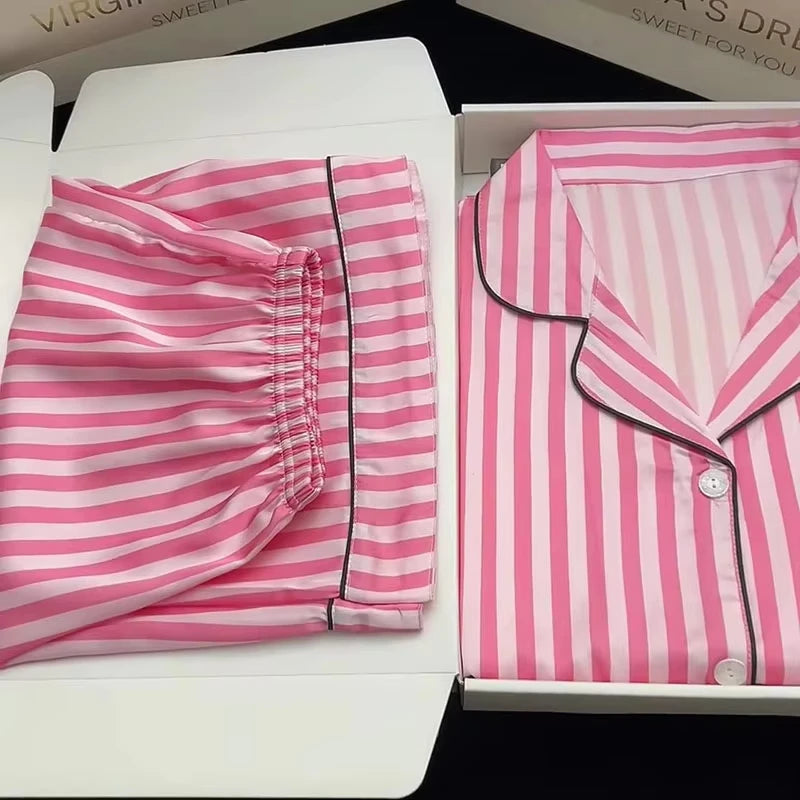 Plus-Size Women’s Pajama Set – Short Sleeve Top & Shorts with Striped Cardigan Lapel Homewear