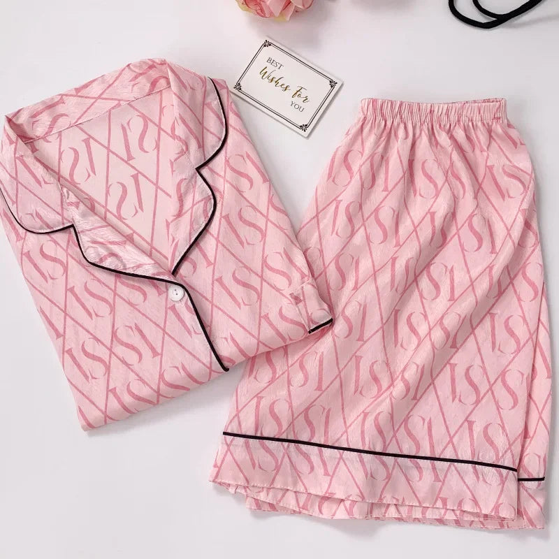 Summer Women’s Ice Silk Pajama Set – Short Sleeve Cardigan Loungewear