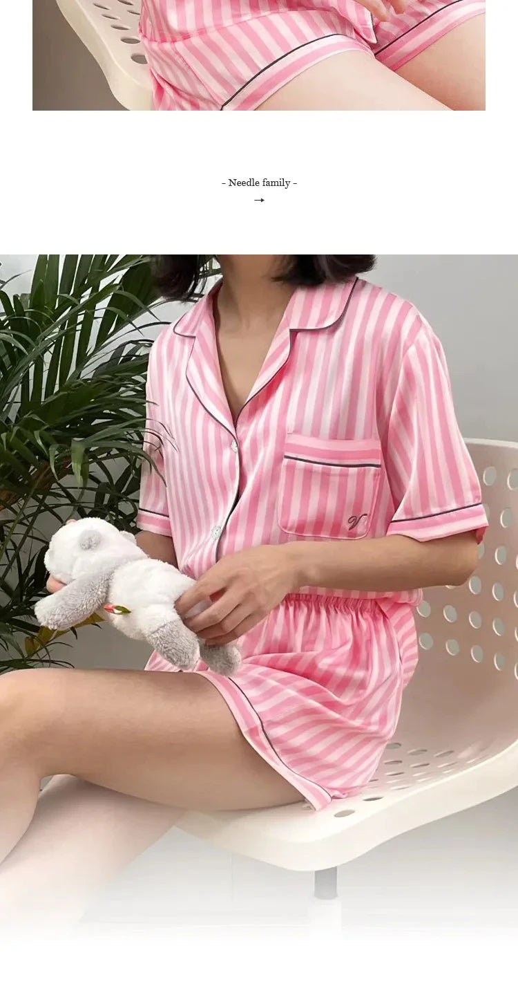Plus-Size Women’s Pajama Set – Short Sleeve Top & Shorts with Striped Cardigan Lapel Homewear