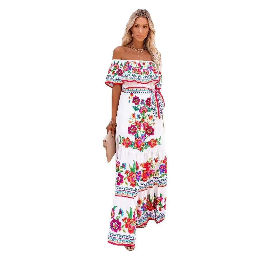 Spring/Summer One-Shoulder Maxi Dress – Red Flower Print, Sleeveless, Knee-Length, Regular Waist