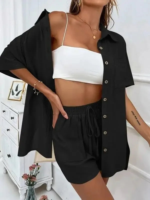Women’s Casual Two-Piece Suit – Short Sleeve Single-Breasted Top & Skirt, Solid Color