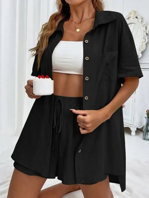 Women’s Casual Two-Piece Suit – Short Sleeve Single-Breasted Top & Skirt, Solid Color