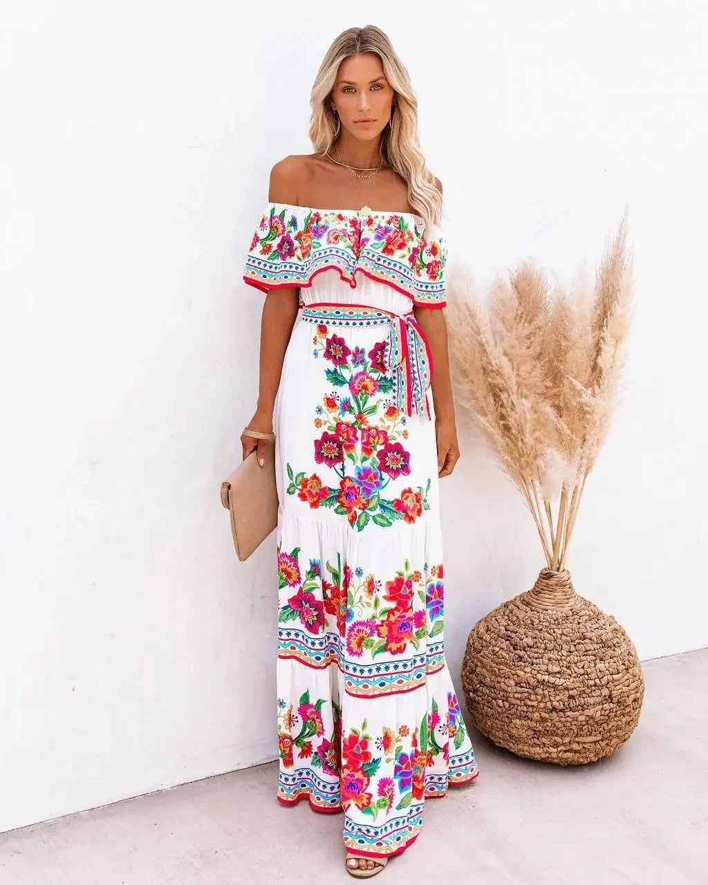 Spring/Summer One-Shoulder Maxi Dress – Red Flower Print, Sleeveless, Knee-Length, Regular Waist