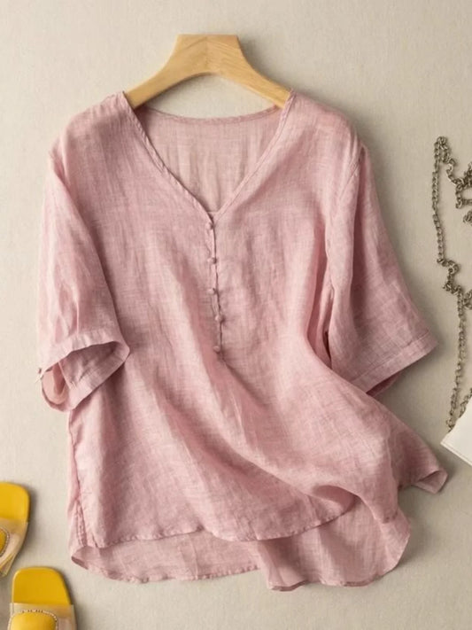 Slimming Color V-Neck Cotton-Linen Blend Top – Casual, Loose Fit, Thin T-Shirt for Women