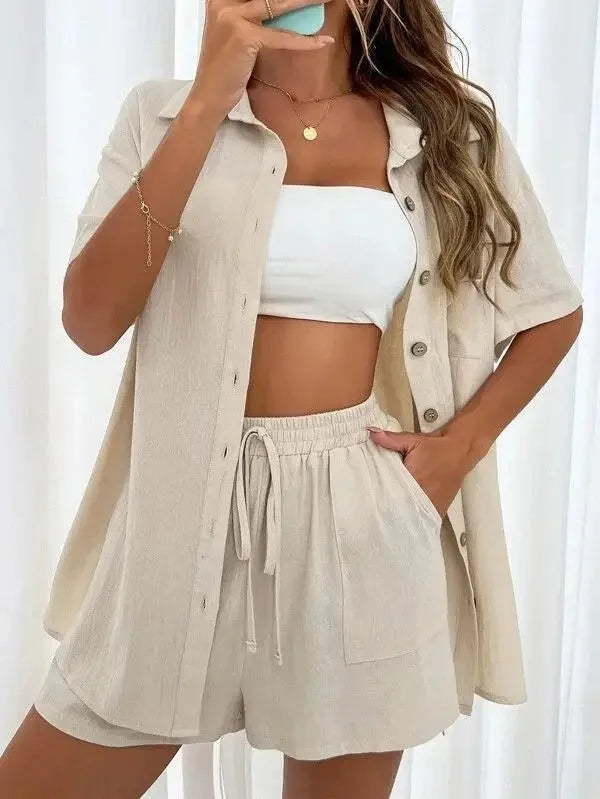 Women’s Casual Two-Piece Suit – Short Sleeve Single-Breasted Top & Skirt, Solid Color