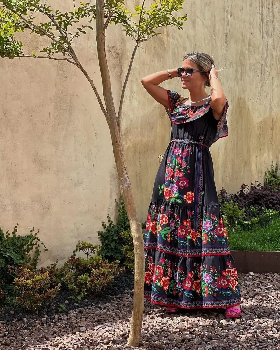 Spring/Summer One-Shoulder Maxi Dress – Red Flower Print, Sleeveless, Knee-Length, Regular Waist