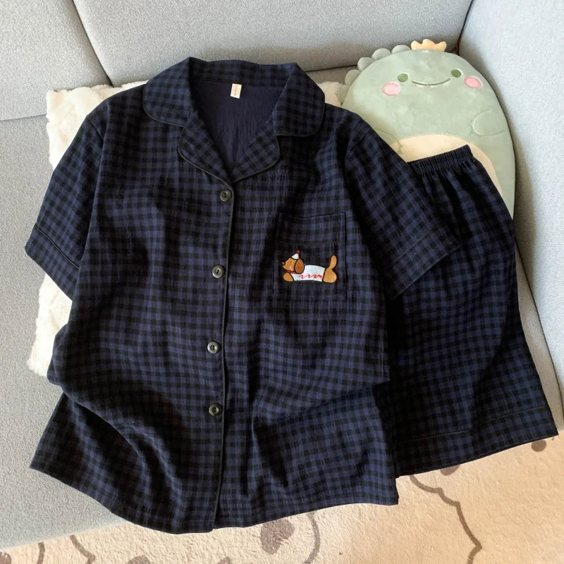 Cute Embroidered Dog Pajama Set – Plaid Short Sleeve Top & Shorts with Lapel Neck & Elastic Waist
