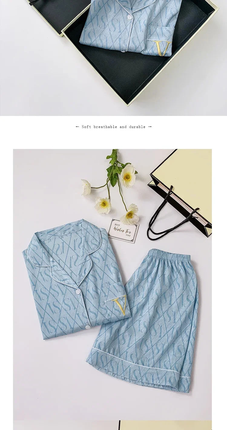 Summer Women’s Ice Silk Pajama Set – Short Sleeve Cardigan Loungewear