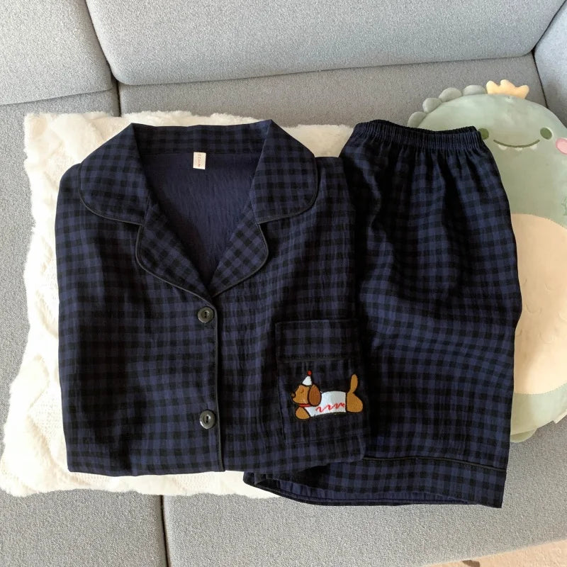 Cute Embroidered Dog Pajama Set – Plaid Short Sleeve Top & Shorts with Lapel Neck & Elastic Waist