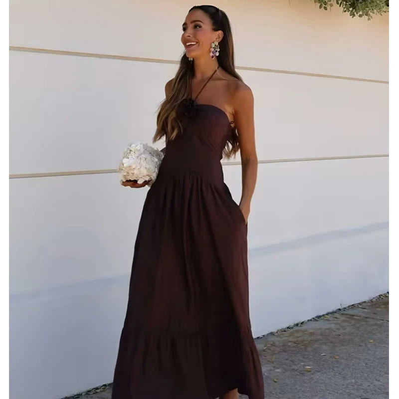 Women’s Summer Tube Top Dress – Hanging Neck, Chic Holiday & Party Long Dress