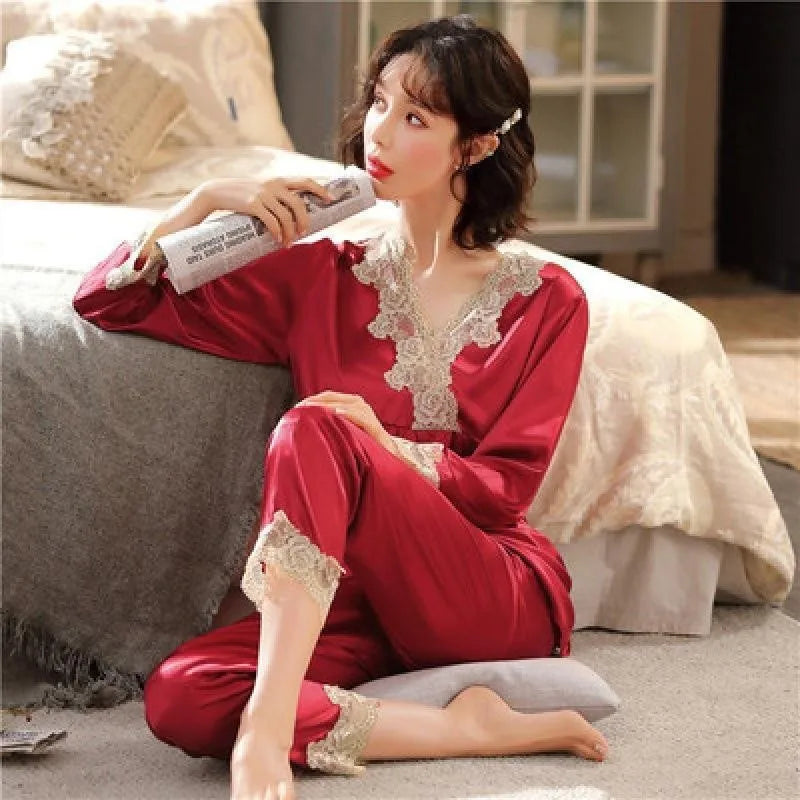 Women’s Ice Silk Pajama Set – Long Sleeve Lace Top & Pants, Green Sweet Homewear