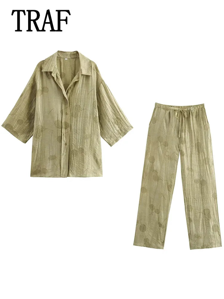 Women’s Printed Two-Piece Set – Lapel Half-Sleeve Top & High-Waist Lace-Up Wide-Leg Pants