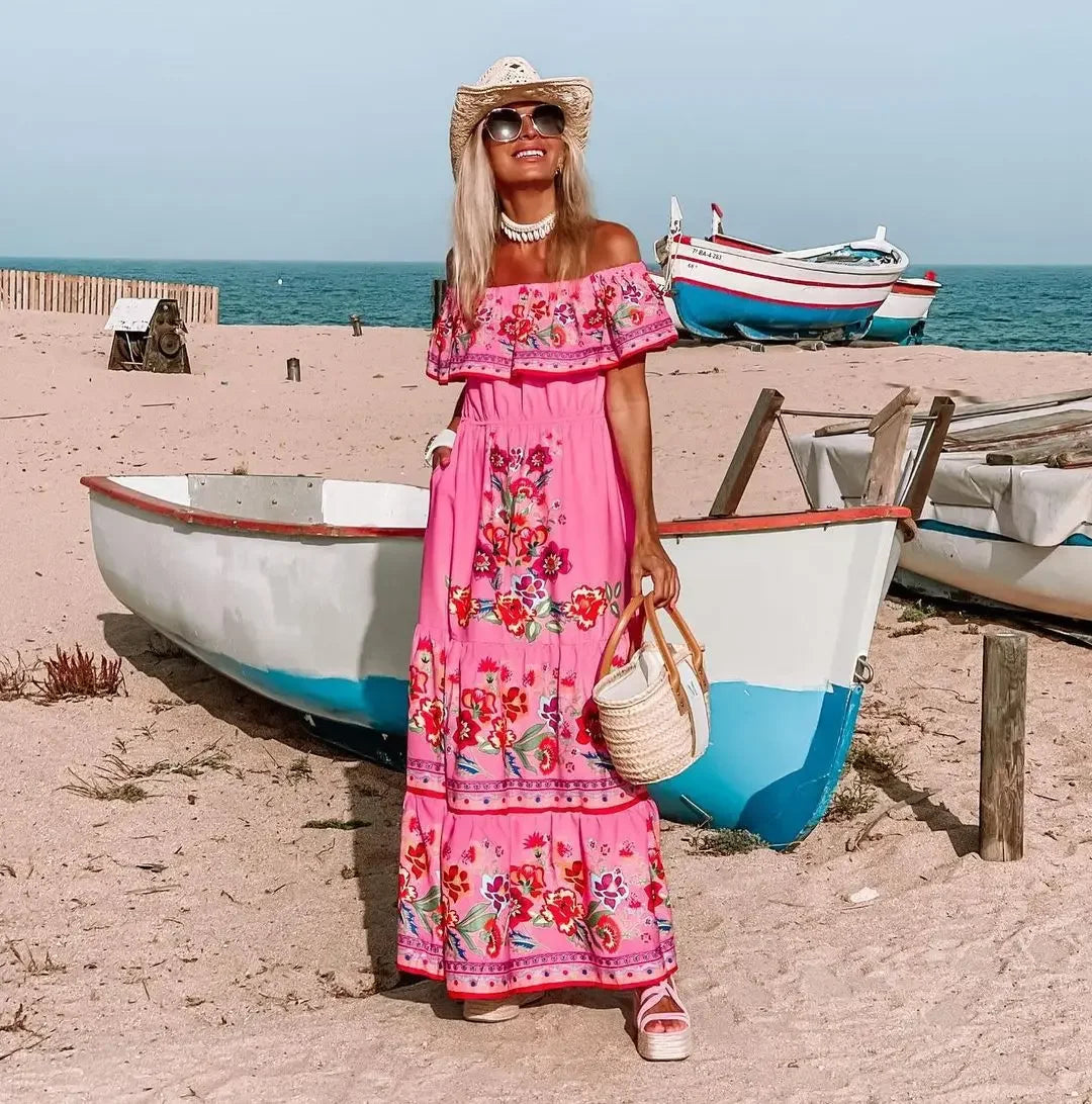 Spring/Summer One-Shoulder Maxi Dress – Red Flower Print, Sleeveless, Knee-Length, Regular Waist