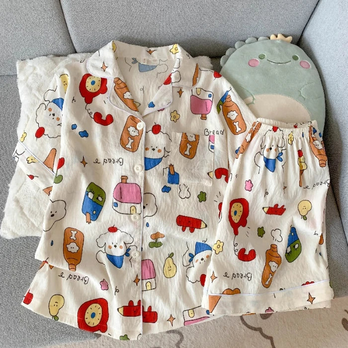Cute Embroidered Dog Pajama Set – Plaid Short Sleeve Top & Shorts with Lapel Neck & Elastic Waist