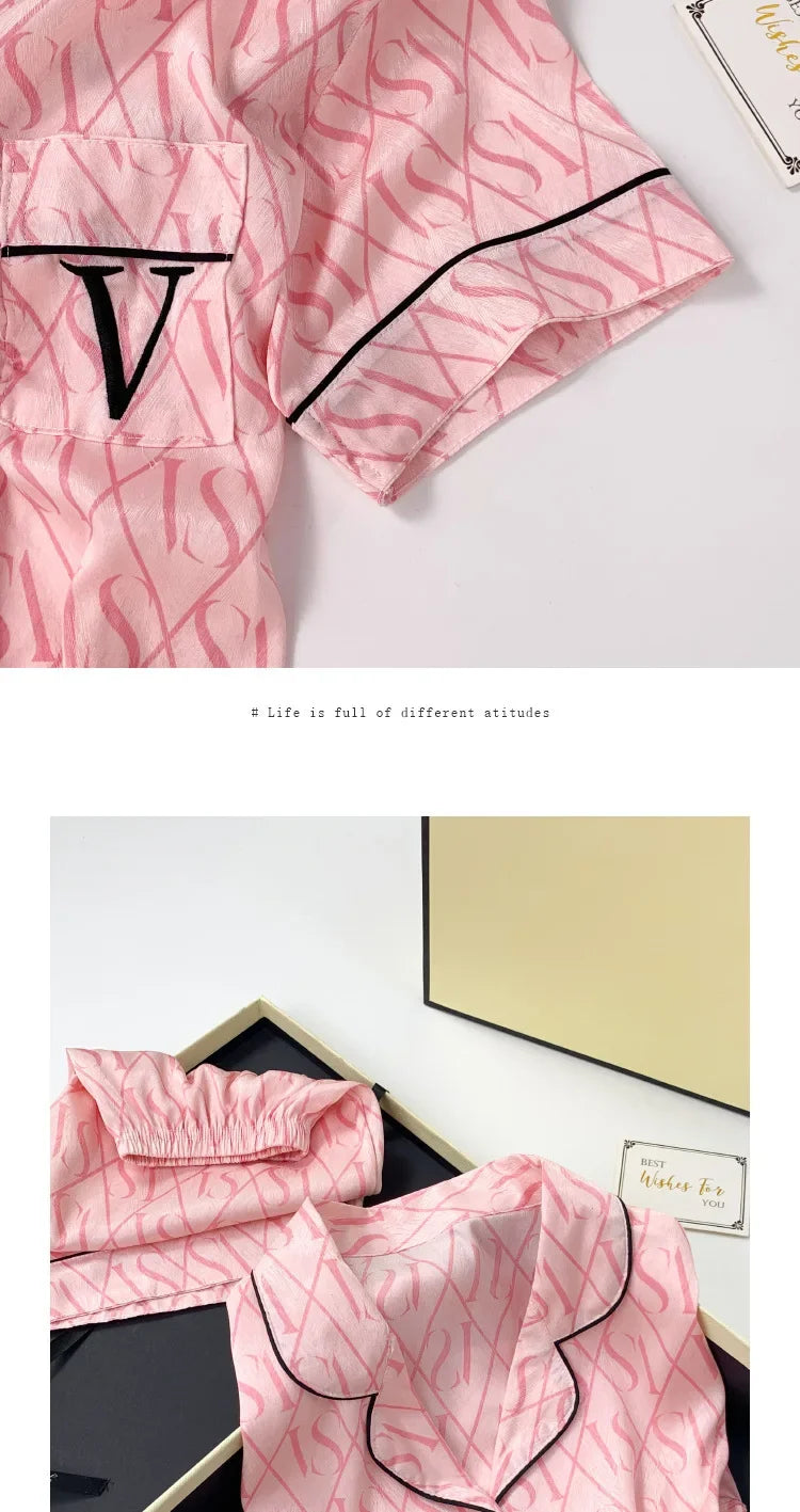 Summer Women’s Ice Silk Pajama Set – Short Sleeve Cardigan Loungewear