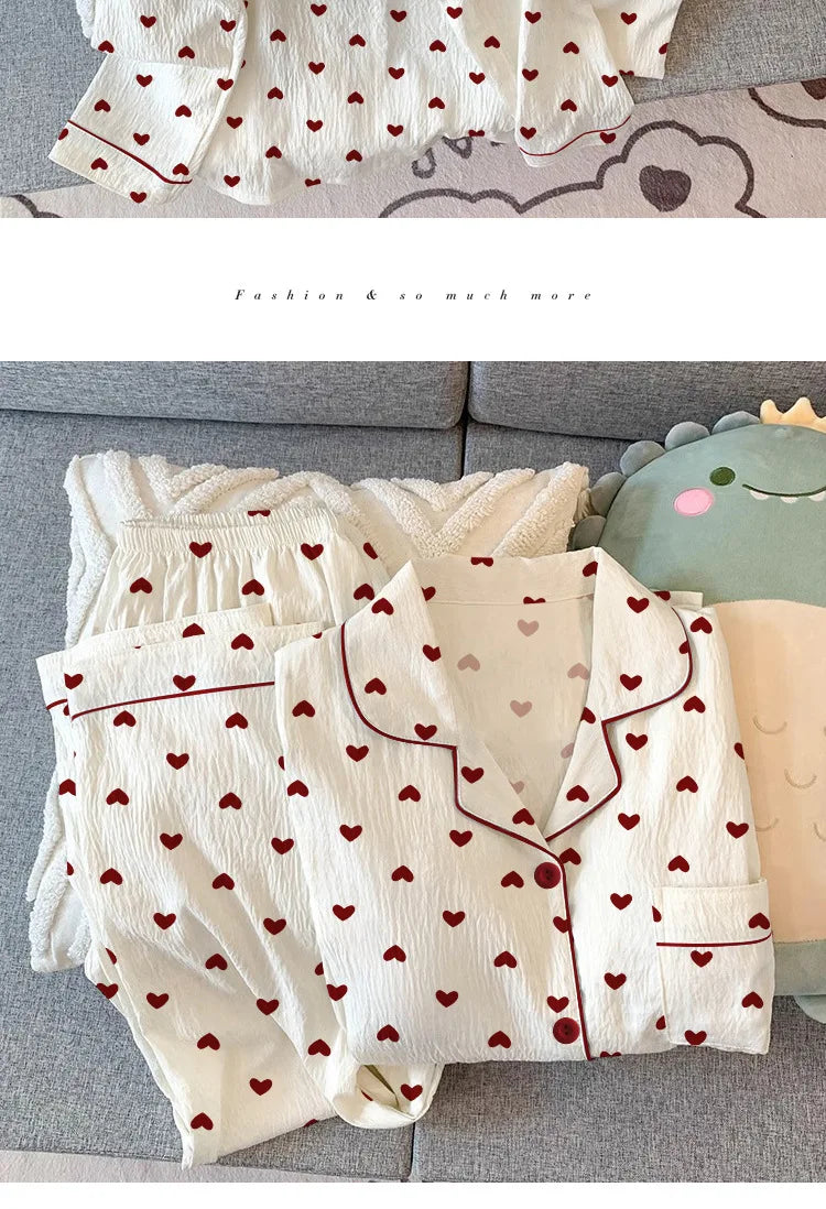 Spring & Autumn Women’s Pajama Set – Long Sleeve Crinkled Loungewear with Love Cardigan