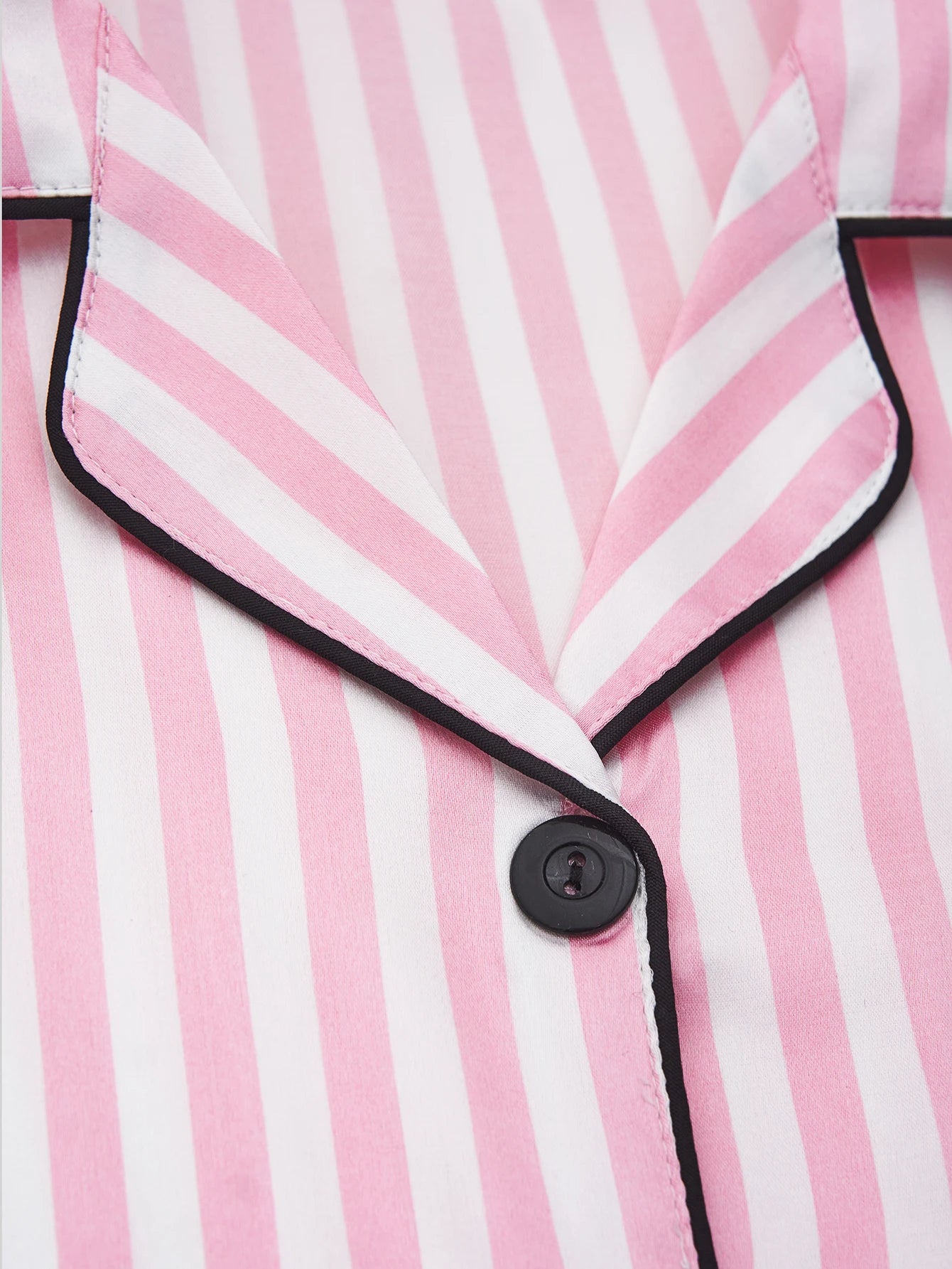 Women's Satin Pajama Set – Classic Striped Print, Short Sleeve Top & Long Pants with Lapel Collar, Pocket Letter & Button Detail
