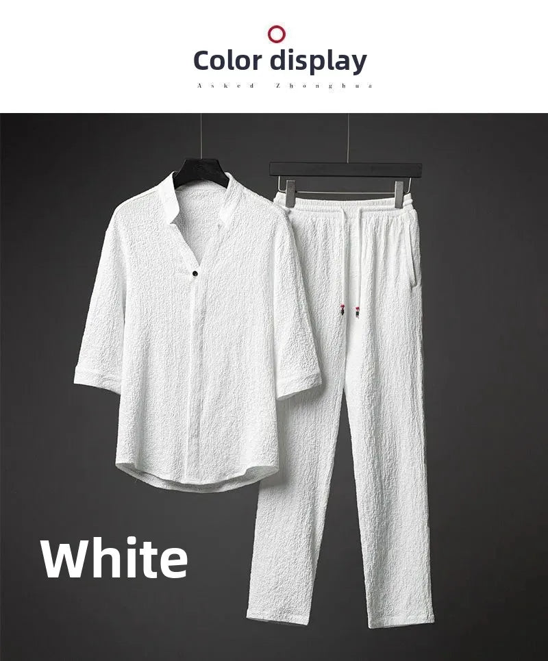 Men’s Luxury Summer Suit – Ultra-Thin, Loose-Fit, Mid-Sleeve Two-Piece Set