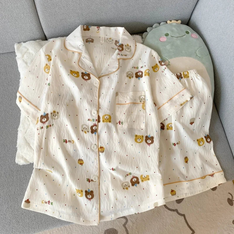 Cute Embroidered Dog Pajama Set – Plaid Short Sleeve Top & Shorts with Lapel Neck & Elastic Waist
