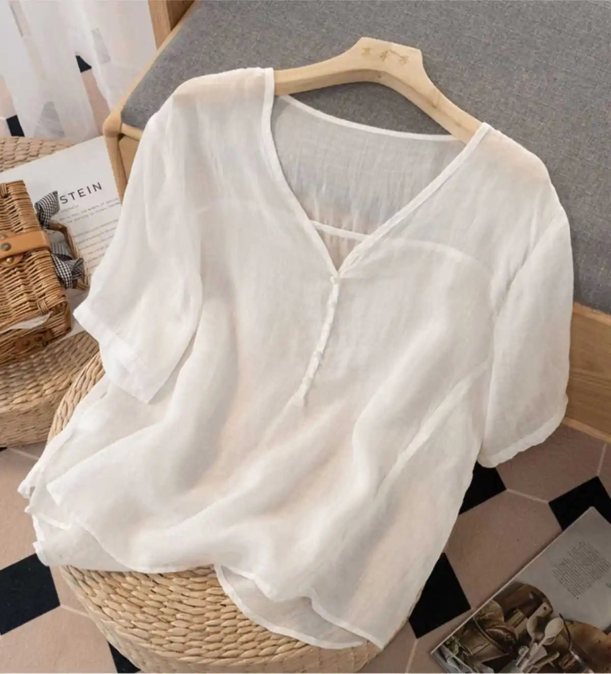 Slimming Color V-Neck Cotton-Linen Blend Top – Casual, Loose Fit, Thin T-Shirt for Women