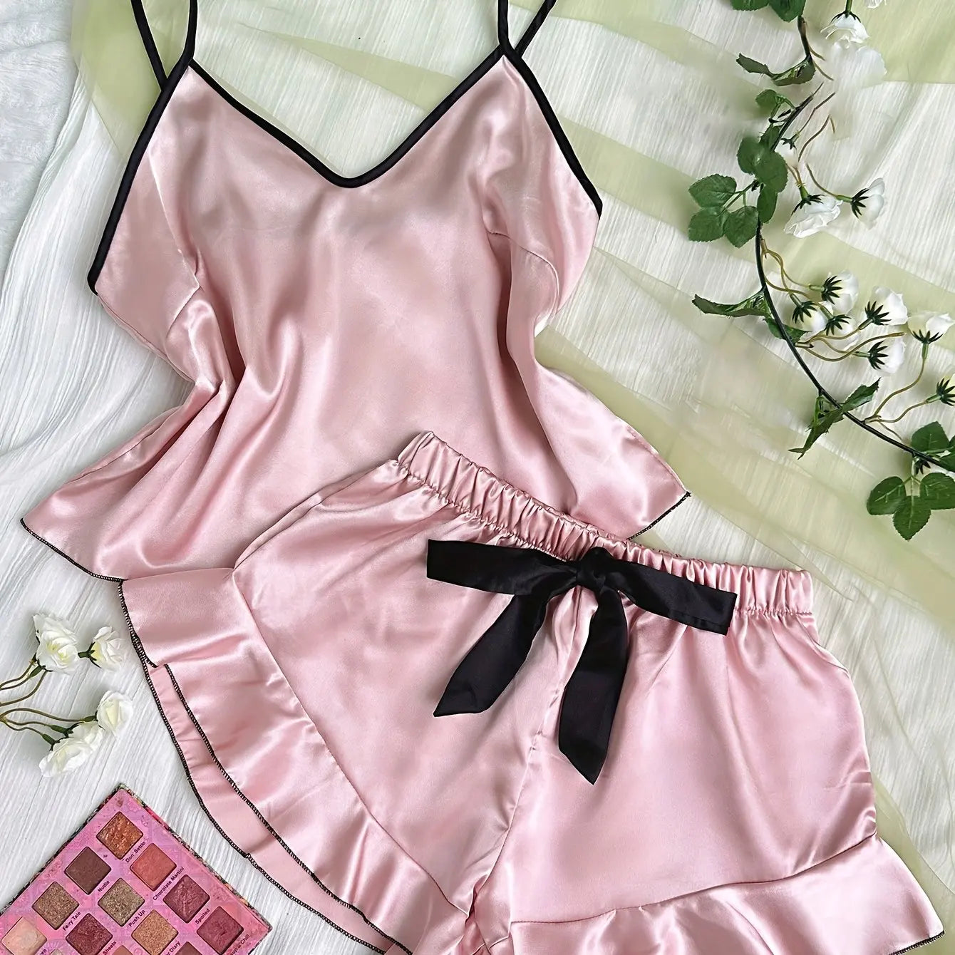 Smooth Satin Sleepwear – Ruffle Trim & Sling Top