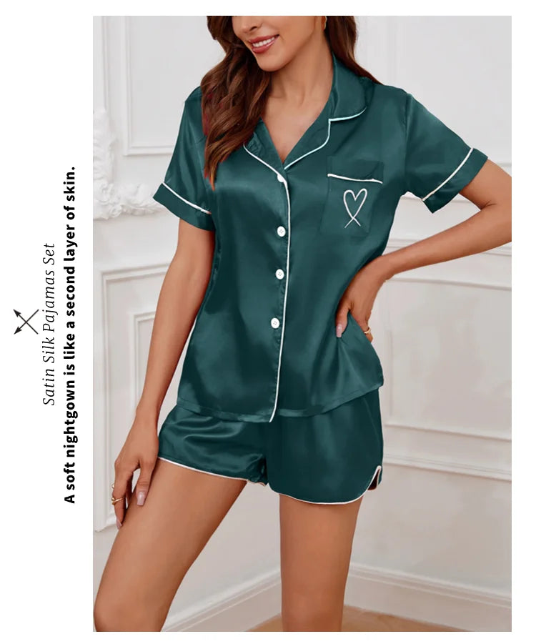 Heart Embroidered Women's Pajama Set – Button Down Top & Shorts Lounge Sleepwear