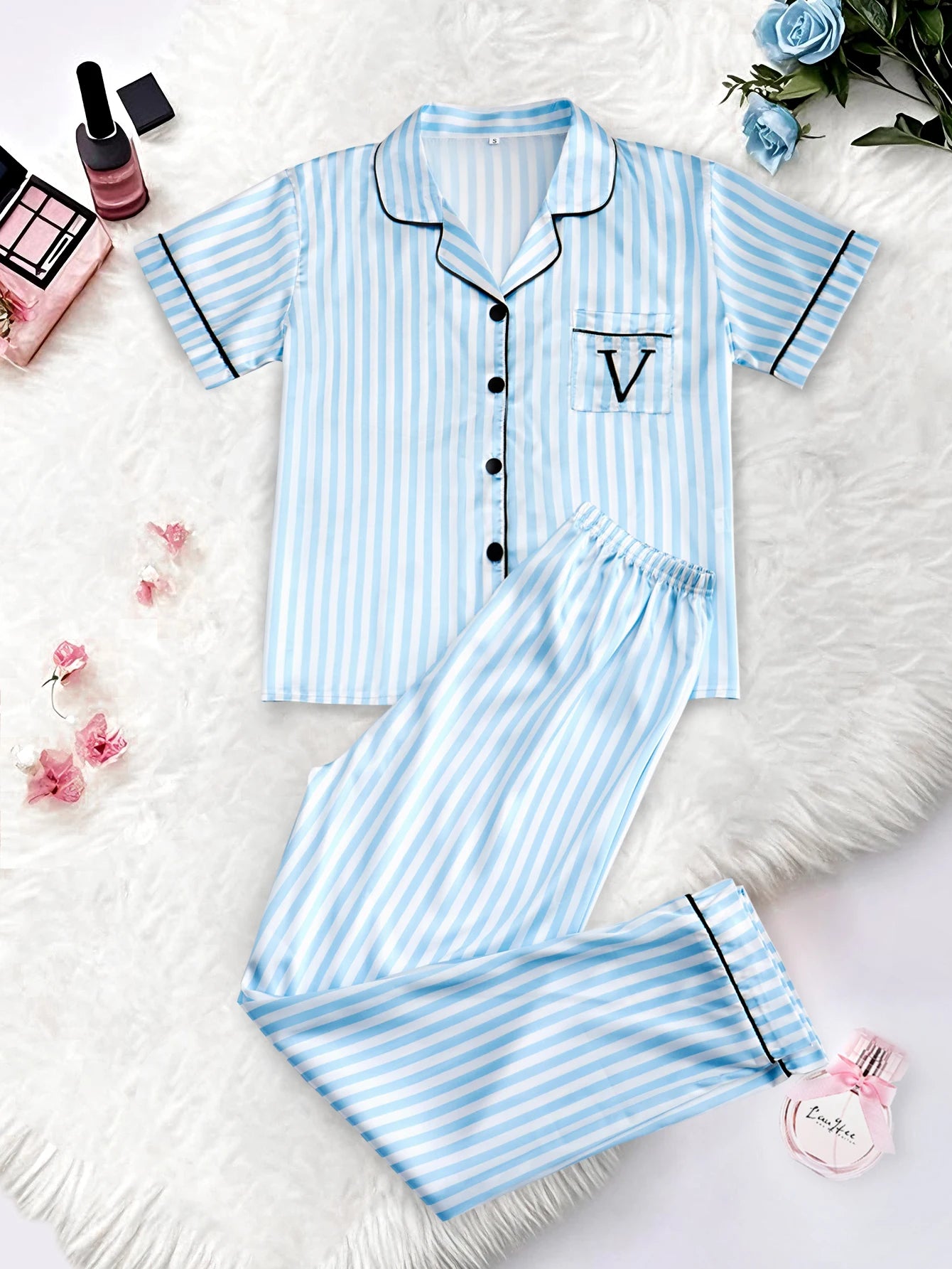 Women's Satin Pajama Set – Classic Striped Print, Short Sleeve Top & Long Pants with Lapel Collar, Pocket Letter & Button Detail