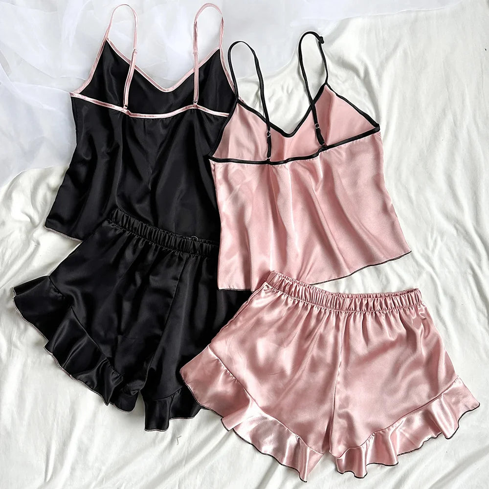 Smooth Satin Sleepwear – Ruffle Trim & Sling Top