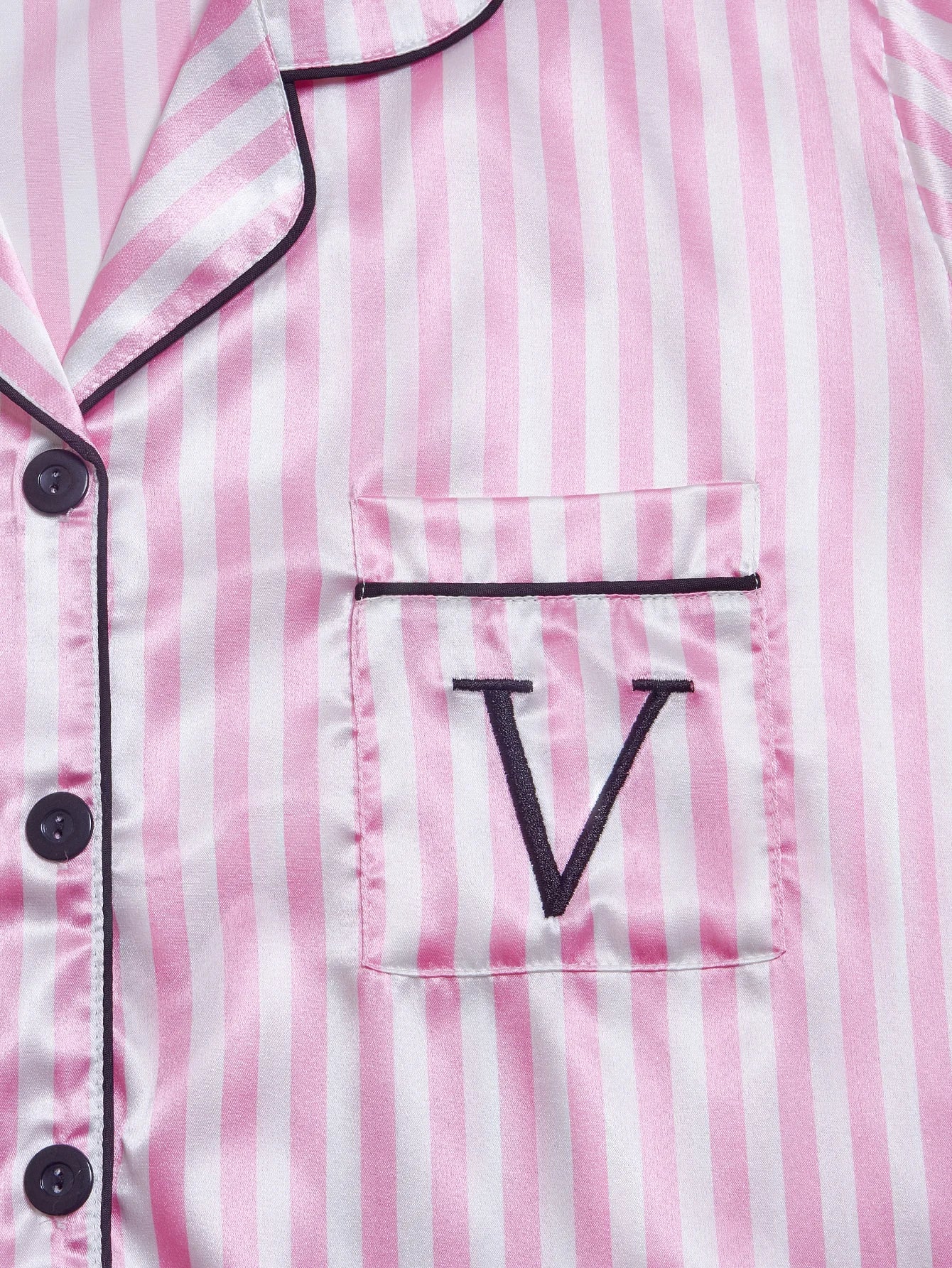 Striped Satin Pajama Set – Short Sleeve Top & Shorts with Embroidered Letter Pocket, Lapel Collar & Button Detail