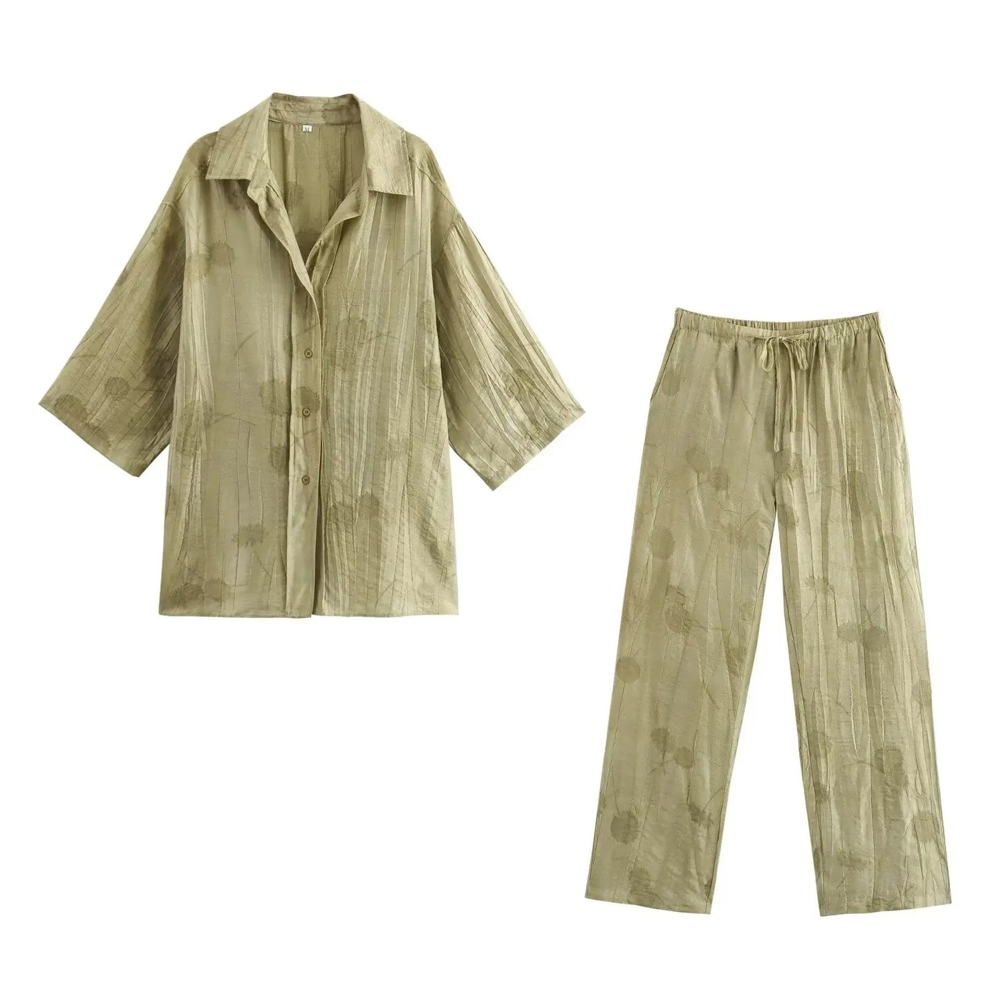 Women’s Printed Two-Piece Set – Lapel Half-Sleeve Top & High-Waist Lace-Up Wide-Leg Pants