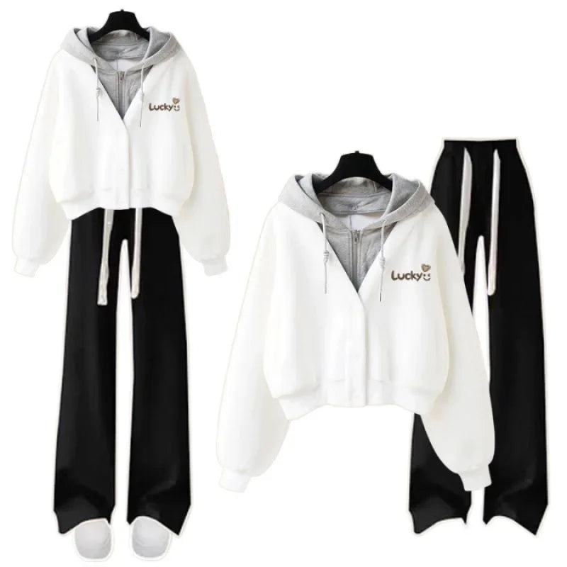 Women’s Loose Wide-Leg Pants Set – Casual Two-Piece Hoodie Outfit, Korean Style, Trendy INS Fashion