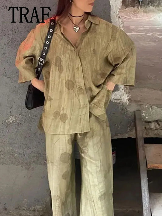 Women’s Printed Two-Piece Set – Lapel Half-Sleeve Top & High-Waist Lace-Up Wide-Leg Pants