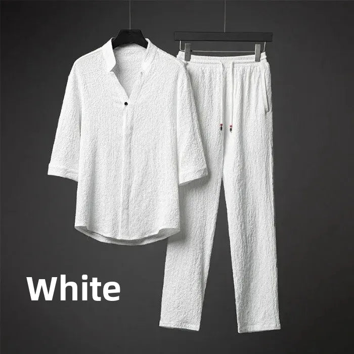 Men’s Luxury Summer Suit – Ultra-Thin, Loose-Fit, Mid-Sleeve Two-Piece Set