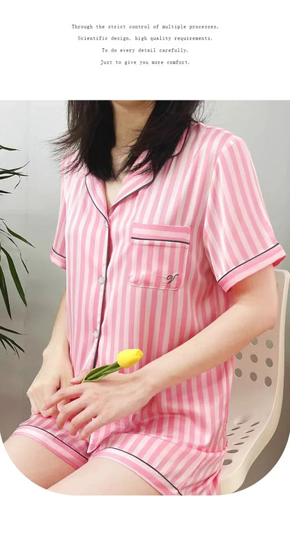 Plus-Size Women’s Pajama Set – Short Sleeve Top & Shorts with Striped Cardigan Lapel Homewear
