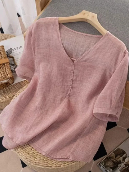 Slimming Color V-Neck Cotton-Linen Blend Top – Casual, Loose Fit, Thin T-Shirt for Women