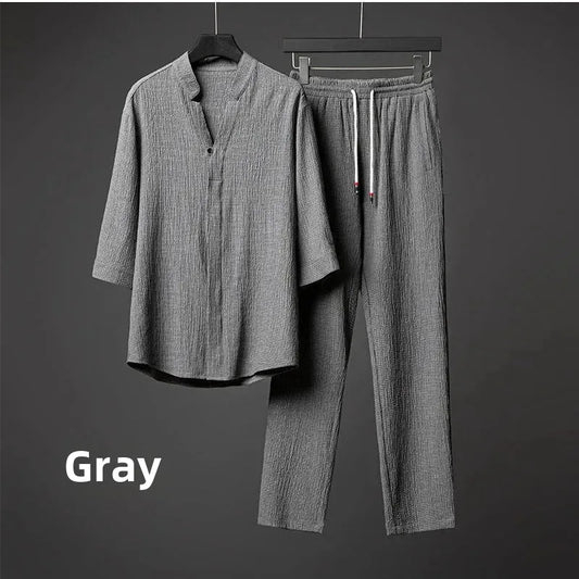 Men’s Luxury Summer Suit – Ultra-Thin, Loose-Fit, Mid-Sleeve Two-Piece Set